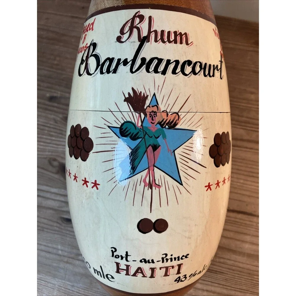 VTG Haitian Folk Art Wooden Bottle Keeper Holder Painted Barbancourt Rhum Cannon